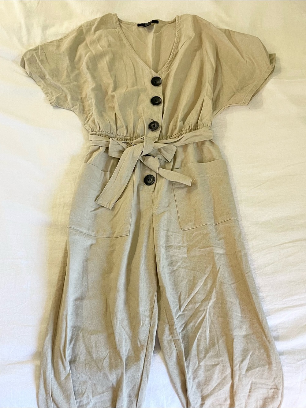 Beige linen v neck jumpsuit
